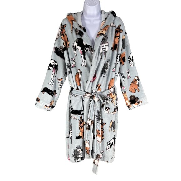 Vera Bradley L/XL Robe Hooded Mans Best Friend Doggy Plush Fleece Belted Pockets - Picture 1 of 14